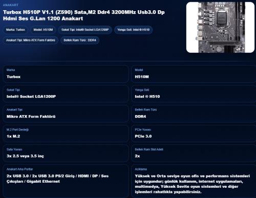TURBOX H510P V1.1 (Z590) Sata,M2 Ddr4 3200MHz Usb3.0 Dp Hdmi Ses G.Lan 1200P Anakart